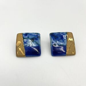 Enamel Square Art Deco Stud Earrings‎ Blue Gold Marbled Statement Jewelry